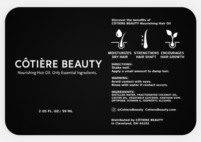 Back label of Côtière Beauty Nourishing Hair Oil with text and icons.